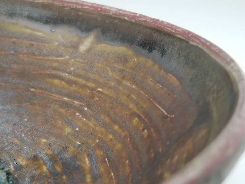 Cracked Slip Textured Wheel Thrown Soda Fired Bowl Crimson Dripping through Rustic Iron Crystals Over Cracked Texture,2.75tall 7.25wide