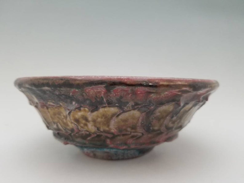 Cracked Slip Textured Wheel Thrown Soda Fired Bowl Crimson Dripping through Rustic Iron Crystals Over Cracked Texture,2.75tall 7.25wide