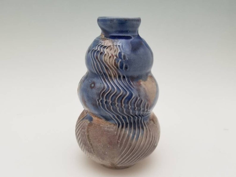 Textured Stoneware Blueberry Drizzle across Toasted Dunes Tokkuri Soda Fired Sake Flask Wheel Thrown 6 tall x 3.5 wide