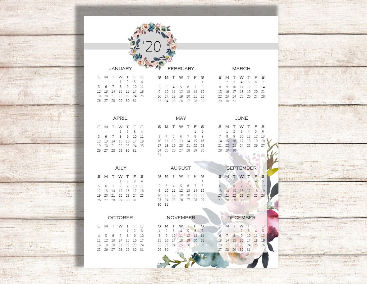 It's just a picture of Bright 2020 Year at a Glance Printable It is a graphic of Bright 2020 Year at a Glance Printable