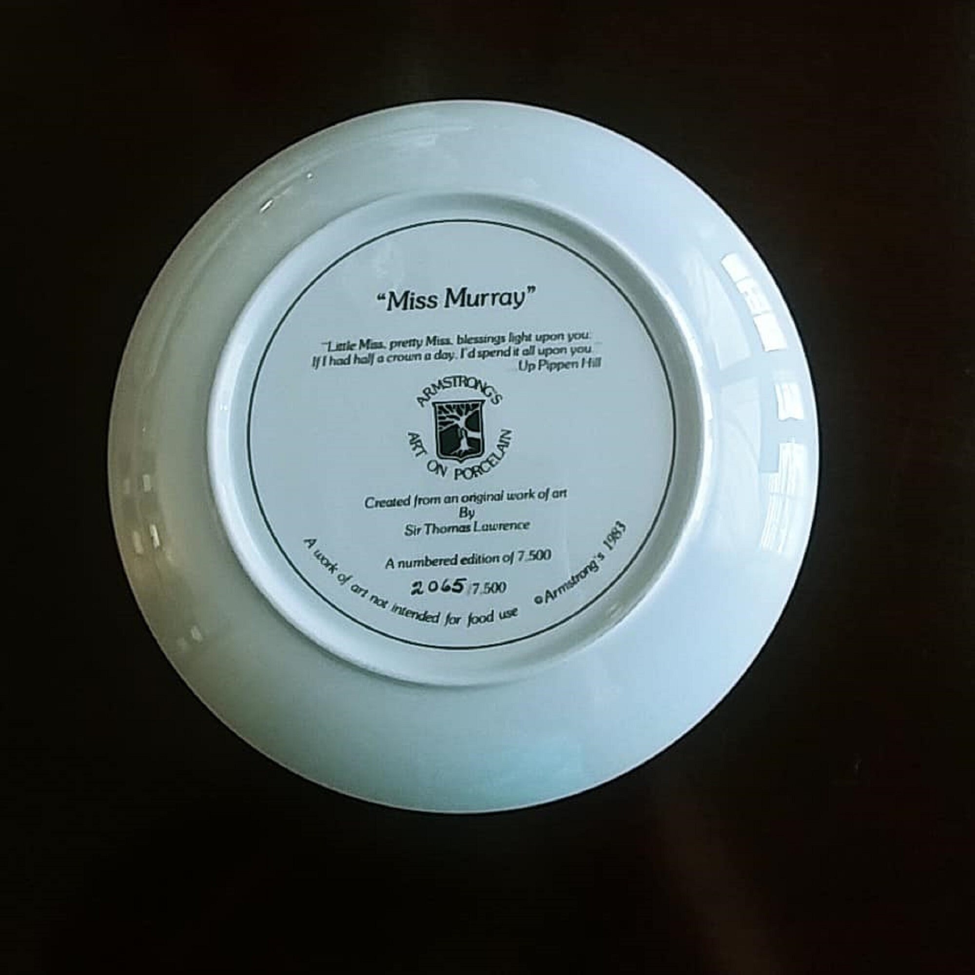 Miss Murray Porcelain Plate Armstrong's Art on Porcelain 1983 Created