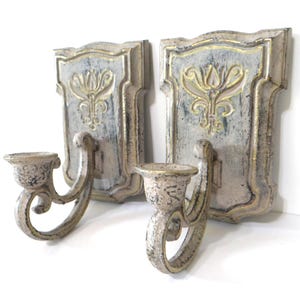 Pair Gray Gold Syroco Sconces, Midcentury Candle Holders, Textured Gallery Wall Hangings