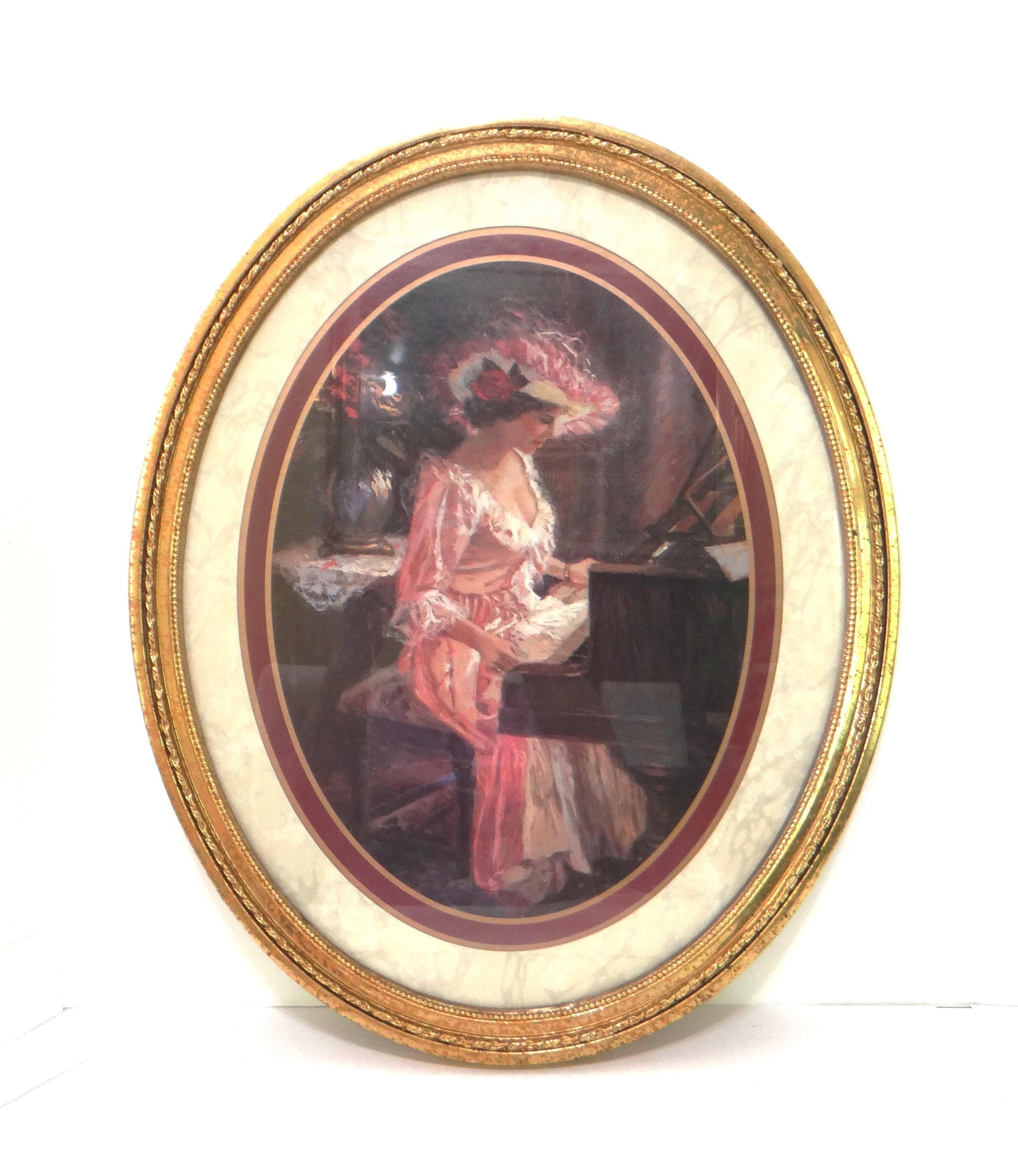 Vintage Gold 21-inch Oval Frame Raised Design Gallery Wall Victorian Style Frame Picture Art Wedding Embroidery Frame w/Glass and Print