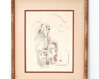 Large Vintage 21-inch 16x20 Bamboo Wood Frame 70s Tara Litho Cheetah and Babies Picture Frame Gallery Wall Blonde Frame No Glass