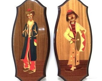Pair Vintage Large 17-inch Italian Sorrento Marquetry Wood Wall Hangings 2 Midcentury Modern Clown Musicians Wall Decor 60s 70s Gallery Wall