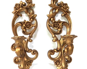 Pair 15" Gold Homco Sconces, 2 Midcentury 70s Candle Holders, Gallery Wall Hangings
