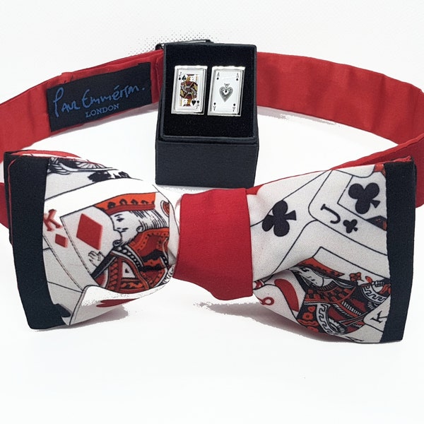 Casino Royale Playing card and Cufflinks/ Fashionable woven Men's Bowtie /Handmade Tieable Bow tie /adjustable design/Blackjack/Bridge play.