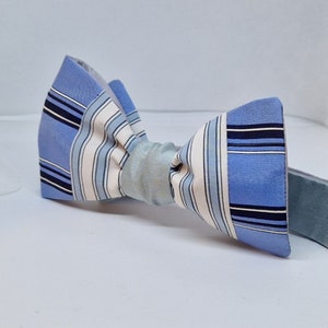 May include: A blue bow tie with vertical stripes in white, navy, and light blue. The bow tie has a light blue centre and a light blue adjustable strap.