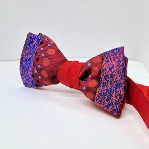 Può includere: Un papillon rosso con una varietà di motivi. Il papillon presenta un centro rosso, con sezioni di tessuto rosso con grandi pois rossi e tessuto blu con un design blu e rosa. Un accessorio elegante.