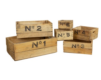 old wooden box wine box fruit box number in different sizes vintage upcycling DIY