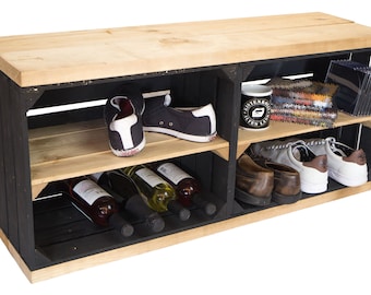 Banc banc à chaussures noir étagère à chaussures banc en bois upcycling boîte à vin boîte à fruits boîte en bois