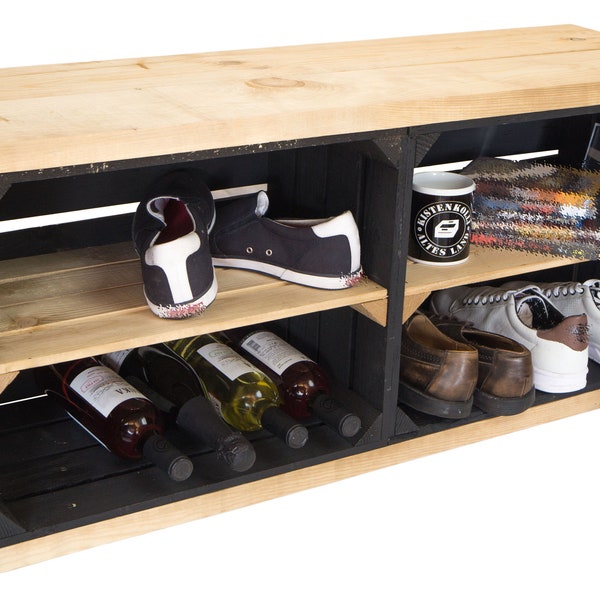 Banc banc à chaussures noir étagère à chaussures banc en bois upcycling boîte à vin boîte à fruits boîte en bois