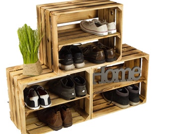 6 x Solid Flamed Wooden Boxes Shoe Rack Storage Rack Fruit Boxes Wine Boxes