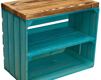 Johanna seat box - turquoise lengthwise - with plank, seat box, wooden box, wine box, wooden bench, shoe bench