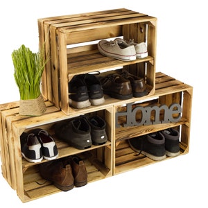 Lot de 6 caisses à vin longitudinales flammées 50x40x29cm caisses à fruits bricolage upcycling étagère à chaussures armoire à chaussures unité murale étagère boîte diviseur boîte en bois image 5