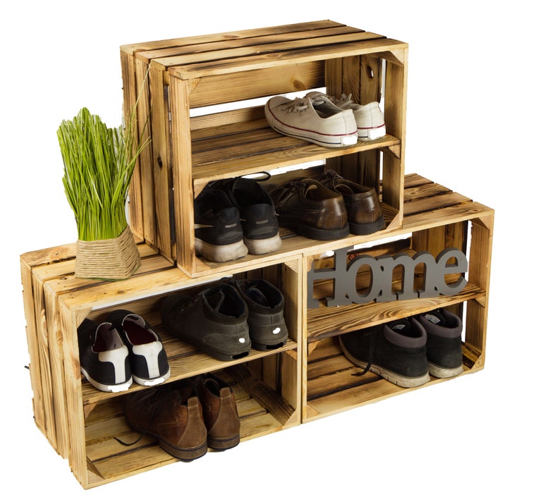 Lot de 6 caisses à vin longitudinales flammées 50x40x29cm caisses à fruits bricolage upcycling étagère à chaussures armoire à chaussures unité murale étagère boîte diviseur boîte en bois image 5