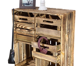 59,90 EUR/pièce. Grande boîte étagère HS3 flammée avec tiroir, étagère à chaussures, commode, caisse en bois, caisse à vin, caisses à fruits, armoire en bois