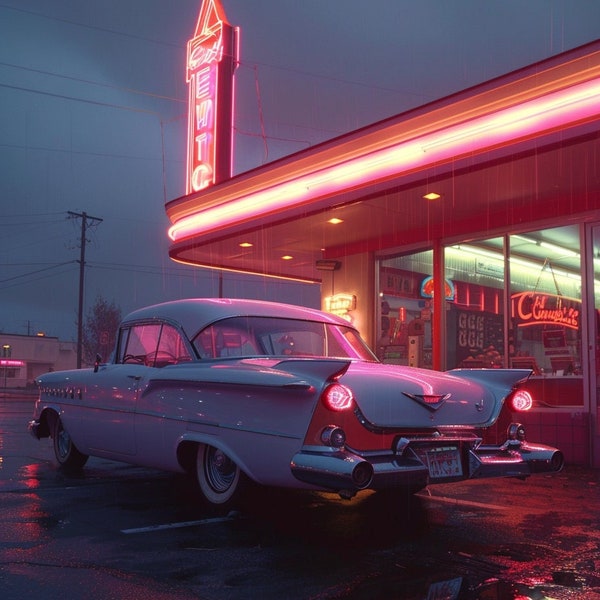 Vintage Old Photo Reprint Vtg Diner Business Gas Station Restaurant 1950's Car For Man Cave Collectibles Reprint From Retro Picture Unframed