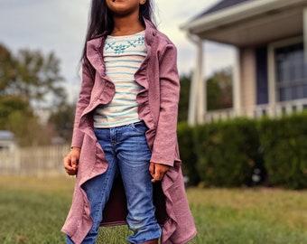 TIegans Cozy Ruffle Cardigan, duster and bolaro toddler and girls sizes 2t-12. PDF sewing pattern with projector file.