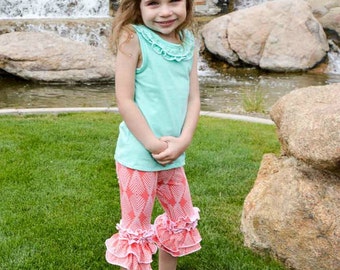 Chloe's Ruffle Leggings, Capris & Shorties. PDF sewing pattern for toddler girl sizes 2t - 12.