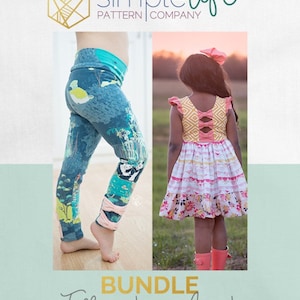 May include: A bundle of two sewing patterns for children's clothing. The pattern on the left is for leggings with a bird and floral print. The pattern on the right is for a dress with a pink bow and a yellow and pink striped skirt. The text on the image reads "simplelife PATTERN COMPANY" and "BUNDLE Tiffany's & Aria's".