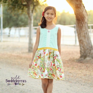 May include: A young girl wearing a light blue sleeveless dress with a white lace trim and a floral print skirt. The dress has a yellow waistband and a red button detail. The girl is standing in front of a green tree and a white fence.