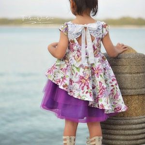 Elouise Asymetrical top and dress for toddlers & girls sizes 2t-12. PDF sewing pattern with projector file.
