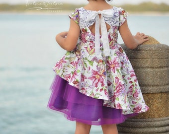 Elouise Asymetrical top and dress for toddlers & girls sizes 2t-12. PDF sewing pattern with projector file.