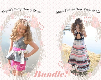 BUNDLE: Megan's Wrap Top & Dress AND Mia's Tieback Top, Dress and Maxi. PDF sewing pattern for toddler girl sizes 2t - 12.
