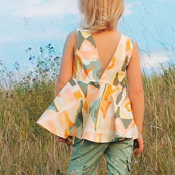 Ayda's V Back Peplum Top & Dress. PDF sewing pattern for toddler girl sizes 2t - 12.