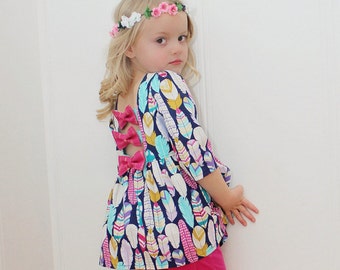 Brenda&#39;s Bow Back Top & Dress. PDF sewing pattern for toddler girl sizes 2t - 12.