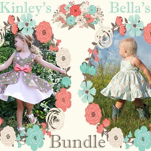 May include: Two girls wearing floral dresses, one in a gray and pink dress and the other in a blue and white dress, are standing in a field of green grass. The girls are surrounded by a wreath of flowers, with the text "Kinley's" and "Bella's" above them and "Bundle" below them.