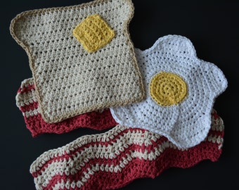 PATTERN Bacon Eggs and Toast Crochet - All 3 available in one download! Delicious Dishcloth Patterns