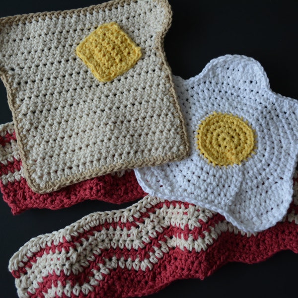 PATTERN Bacon Eggs and Toast Crochet - All 3 available in one download! Delicious Dishcloth Patterns