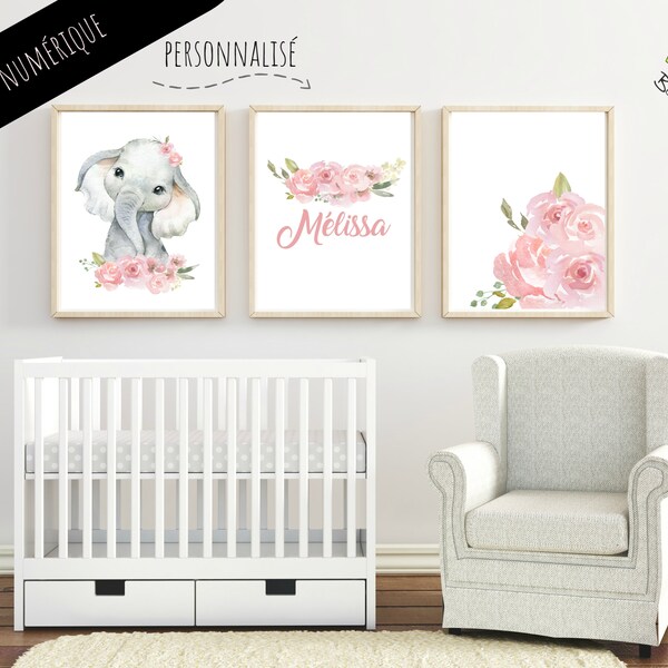 décoration chambre bébé, PERSONNALIZED pack of 3 digital file, digital decoration, decoration, elephant