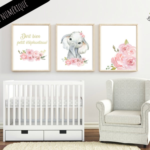 décoration chambre bébé, pack of 3 digital file, digital decoration, decoration,  elephant