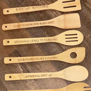 Wooden Spoons for Cooking, Funny Inspired Quotes Laser Engraved Cooking  Utensils Set,Kitchen Cooking Supplies, Bamboo Spoon Slotted Kitchen Utensil