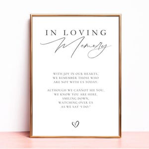 May include: A framed print with the words "IN LOVING Memory" in elegant black script. The print includes a heartfelt message and a heart symbol at the bottom, perfect for memorial or wedding decor.