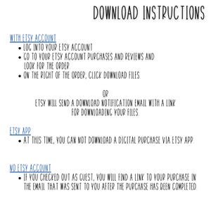 May include: Download instructions for digital purchases on Etsy.  Instructions for downloading with an Etsy account, Etsy app, or without an Etsy account.