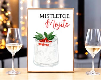 Mistletoe Mojitos Sign, Printable Christmas Bar Decor, Holiday Drinks (Digital Download)