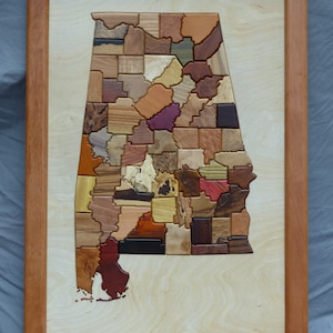 mapa de madera, Alabama, arte, hogar, oficina, madera dura, madera exótica, talla, trabajo de madera, cuelgues de pared, madera, intarsia, mapa, 3d, fresco