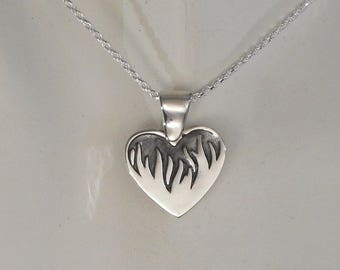 Sterling Silver Flaming Heart Pendant Necklace