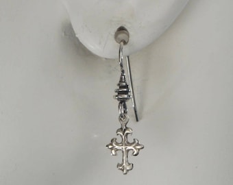 Dainty Sterling Silver Fleur-de-lis Cross Earrings