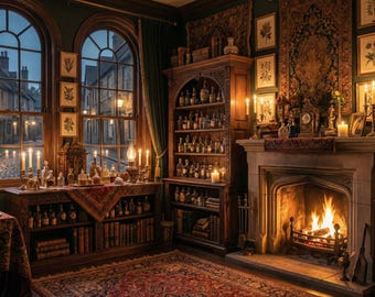 May include: A room interior featuring a stone fireplace with a burning fire, dark wood bookshelves filled with glass bottles and books, and large arched windows overlooking a cobblestone street. The space includes lit candles and ornate rugs.