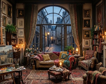 May include: A cozy, cluttered living room featuring a large arched window overlooking a cobblestone street, a leather sofa with colorful textiles, an artist's easel with a cityscape painting, a fireplace, and walls filled with framed portraits.