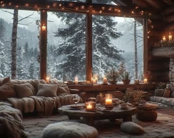 May include: A rustic log cabin interior featuring a large window overlooking a snowy forest, a stone fireplace with a burning fire, a wooden coffee table with lit candles, and a plush sofa covered in textured blankets and pillows.