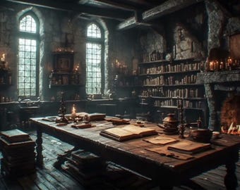 May include: A dark, stone-walled room featuring a large wooden table covered with open books and candles. A stone fireplace with a burning fire sits on the right, while tall arched windows and wooden bookshelves filled with books line the walls.