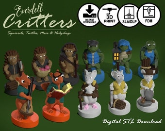 Everdell Critters Collection STL DIGITAL Download Board game Upgrade | Squirrel, Turtle, Hedgehog, Mouse, 3D Printed Models, Nature Meeples