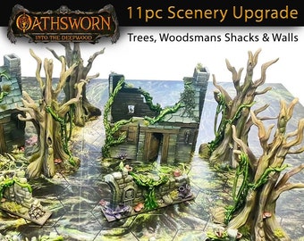 Oathsworn Scenery 11pc Upgrade Walls, Woodsmans Shack & Ancient Trees | Into the DeepWood Boardgame, DnD Scenery, TTRPG, RPG, HD miniature