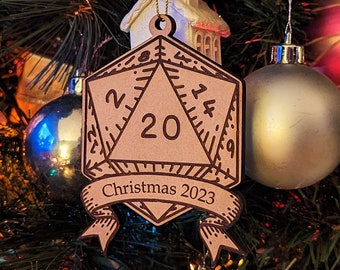 Personalized d20 Christmas Tree Holiday Ornament | Custom Family Game Night Gift Laser Cut, Dice Bauble, RPG, TTRPG Xmas, Dungeons, Dragons